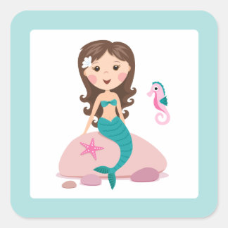 Sticker Carré Mignonne brunette fille sirène avec hippocampe d'é