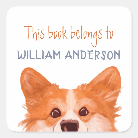 Sticker Carré Mignonne Chien De Corgi Orange-Ce Livre Appartient (Devant)