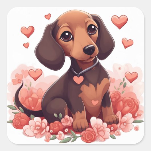 Sticker Carré Mignonne chiot Dachshund avec le coeur (Devant)