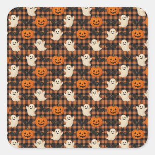 Sticker Carré Mignonne, en vichy halloween fantôme chauves-souri