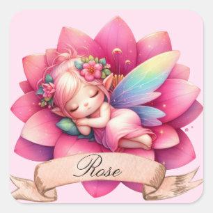 Sticker Carré Mignonne Fée Endormie Rêves Douce Florale Fantaisi