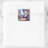 Sticker Carré Mignonne fille Anime dans les lunettes Lecture (Sac)