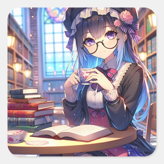 Sticker Carré Mignonne fille Anime dans les lunettes Lecture (Devant)