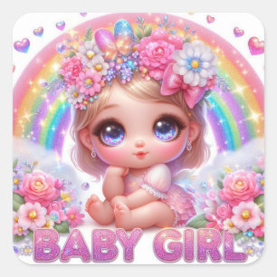 Sticker Carré Mignonne fille bébé Animée