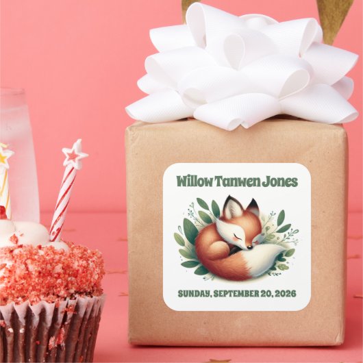 Sticker Carré Mignonne Fox dormir en Baby shower Feuille (Fête)