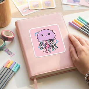 Sticker Carré Mignonne méduse bébé Kawaii souriante avec des bul