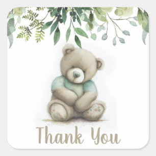 Sticker Carré Mignonne Merci Aquarelle Teddy Ours Vert Feuilles