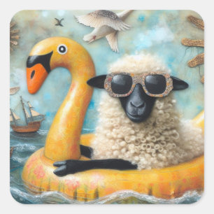 Sticker Carré Mignonne mouton sur cygne jaune Floatie