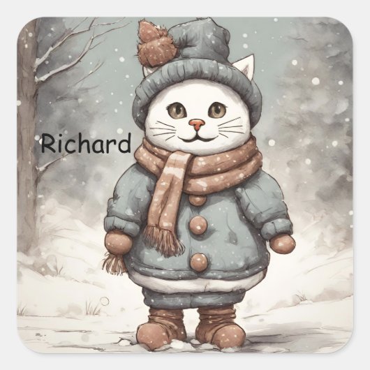 Sticker Carré Mignonne Noël Chat Snowman Aquarelle Whimsical (Devant)