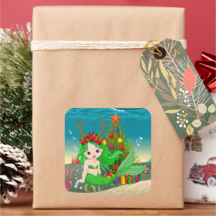 Sticker Carré Mignonne sirène de Noël