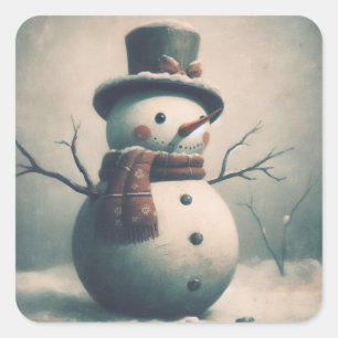 Sticker Carré Mignonne Snowman Vintage pour Snowy Christmas Carr