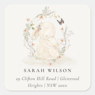Sticker Carré Mignonne Soft Baby Mum Bunny Floral Wreath Adresse