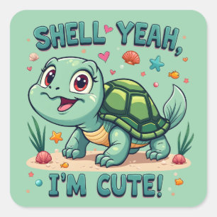 Sticker Carré Mignonne Tortue Kawaii avec un Jeu de Mots Drôle e