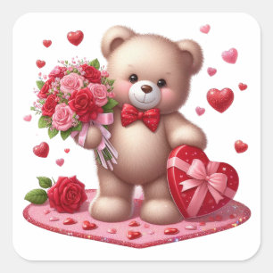 Sticker Carré Mignonne Valentine's Day Teddy Bear