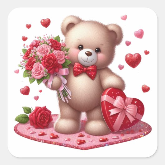 Sticker Carré Mignonne Valentine's Day Teddy Bear (Devant)
