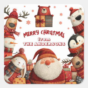 Sticker Carré Mignonnes fêtes de Noël Animaux Joyeux Noël de