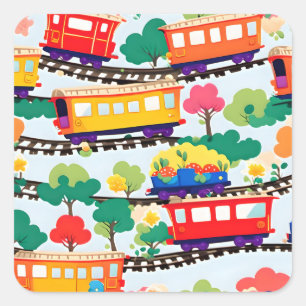 Sticker Carré Mignons trains et arbres bleu motif