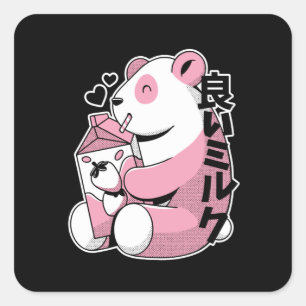 Sticker Carré Milkshake aux fraises mignonnes Kawaii Panda