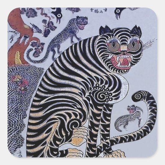Sticker Carré Minhwa coréenne de tigre avec trois cubes (Devant)