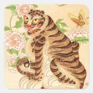Sticker Carré Minhwa Vintage de tigre rayé coréen