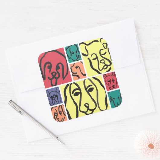 Sticker Carré Minimal Dogs Line Art Collage (Enveloppe)