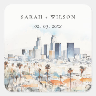 Sticker Carré Minimal Los Angeles, Californie Mariage d'aquarell