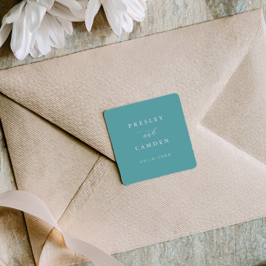 Sticker Carré Minimalist Aqua Wedding Seals Modern Calligraphy