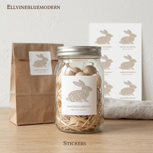 Sticker Carré Minimalist Beige Typography Rabbit Easter