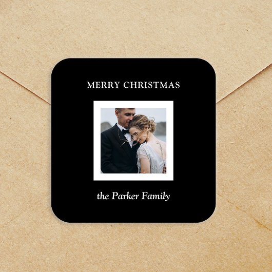 Sticker Carré Minimalist Modern Christmas Black with Photo