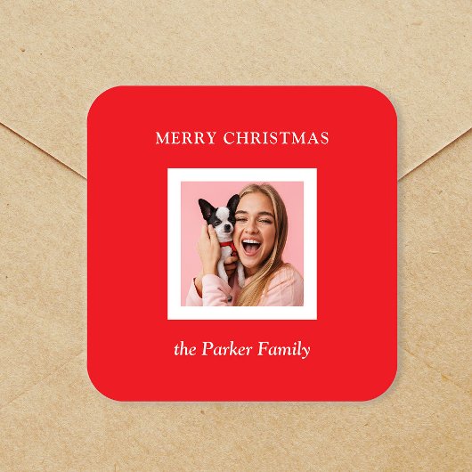 Sticker Carré Minimalist Modern Christmas Red with Photo