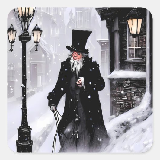Sticker Carré Misère Ebenezer Scrooge Snowy Victorian Street (Devant)