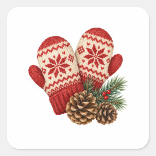 Sticker Carré Mittens tricotés et pommes de pin
