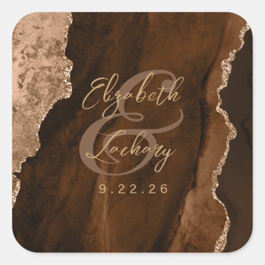 Sticker Carré Mocha Brown Gold Agate Script Wedding (Devant)