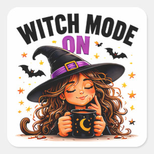 Sticker Carré Mode Sorcière Activé Amateur de Café Mignon Hallow