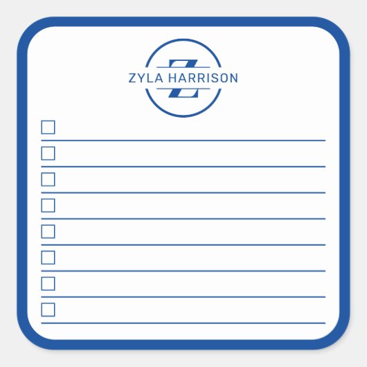 Sticker Carré Modern Blue Monogram Name To Do List (Devant)