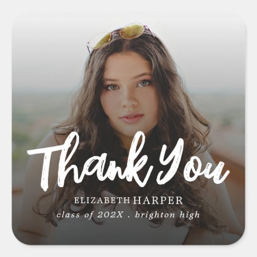 Sticker Carré Modern Brush Script Photo Graduation Thank You (Devant)