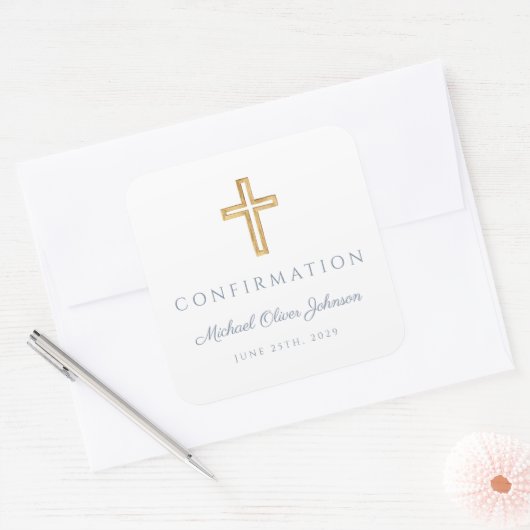 Sticker Carré Modern Dusty Blue Religious Cross Boy Confirmation (Enveloppe)
