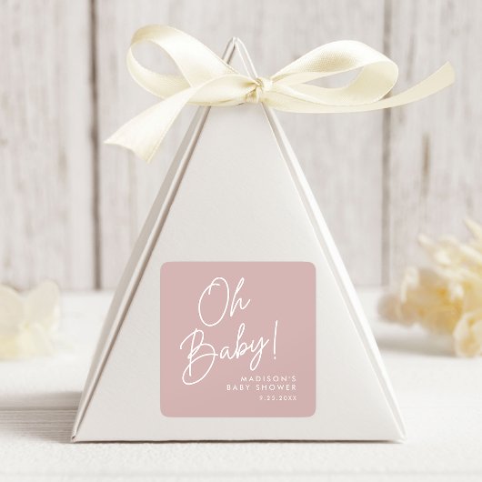 Sticker Carré Modern Oh Baby Script Dusty Baby shower Rose