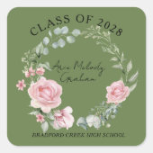Sticker Carré Modern Pink Roses Script Class of Graduation (Devant)