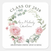 Sticker Carré Modern Pink Roses Script Class of Graduation (Devant)