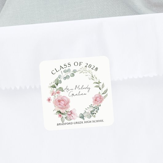 Sticker Carré Modern Pink Roses Script Class of Graduation