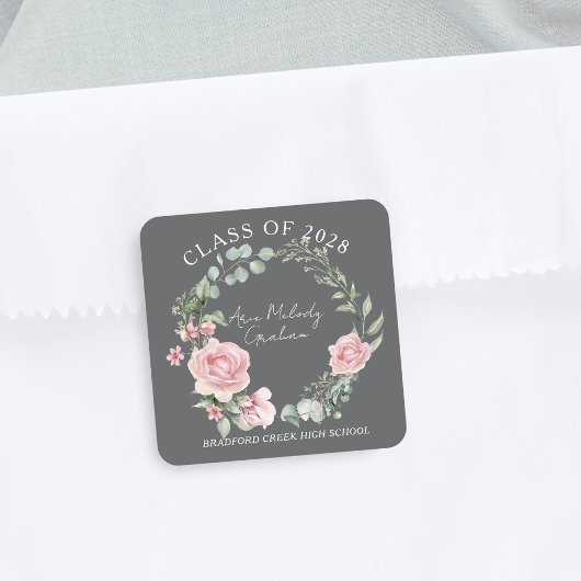 Sticker Carré Modern Pink Roses Script Class of Graduation