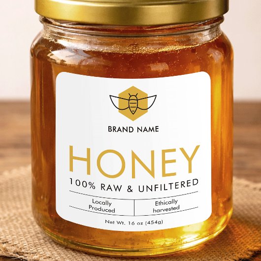 Sticker Carré Modern Raw Honey Bee Icon Jar Product Label