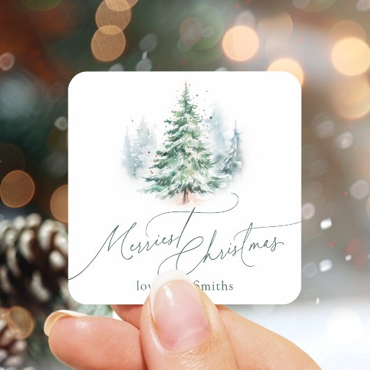 Sticker Carré Modern Script Merriest Christmas Pine Tree