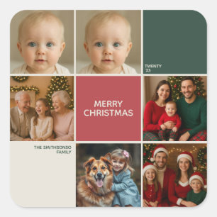 Sticker Carré Moderne beige Sage Rouge collage joyeux Noël