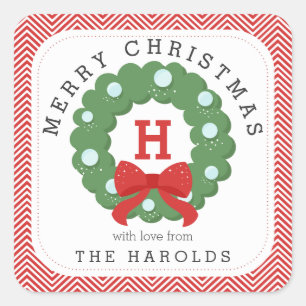 Sticker Carré Moderne Chevron Joyeux Noël Wreath Monogramme
