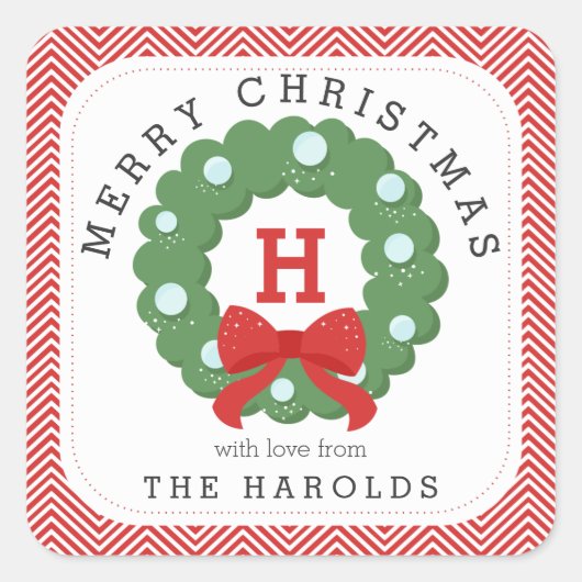 Sticker Carré Moderne Chevron Joyeux Noël Wreath Monogramme (Devant)