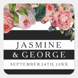 Sticker Carré MODERNE Chic Large rayures avec Vintage Rose Flora