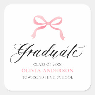 Sticker Carré Moderne Coquette Diplômée avec Nœud Rose
