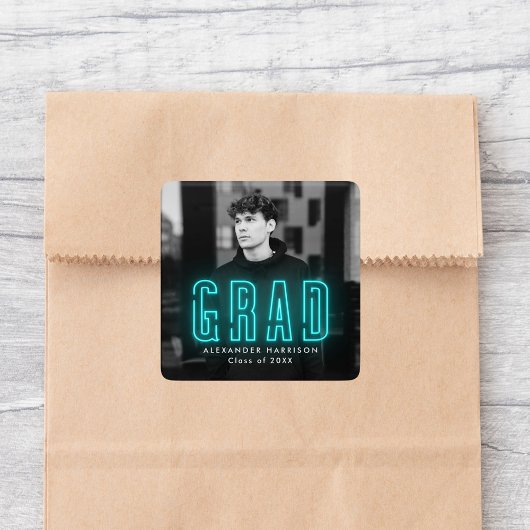 Sticker Carré Moderne Cyan Neon Graduation